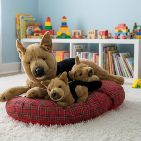 FAO Schwarz Other - FAO Schwarz Vintage 90s Stuffed Plush Shepherd Dog 2 Puppies (bed not included)